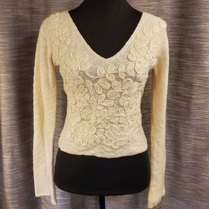 Free People Cream V-Neck Flower Detail Sweater